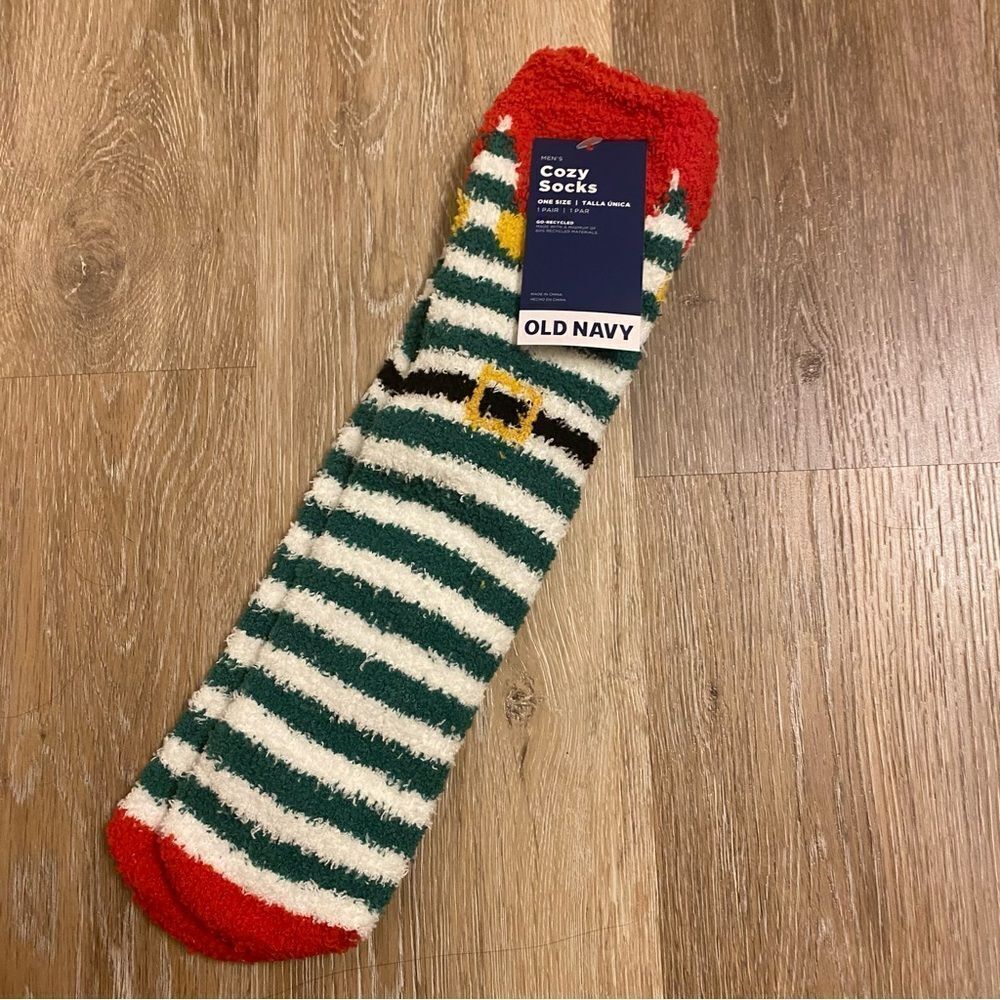Old Navy mens green striped cozy fleece Christmas elf holiday crew Socks O/S